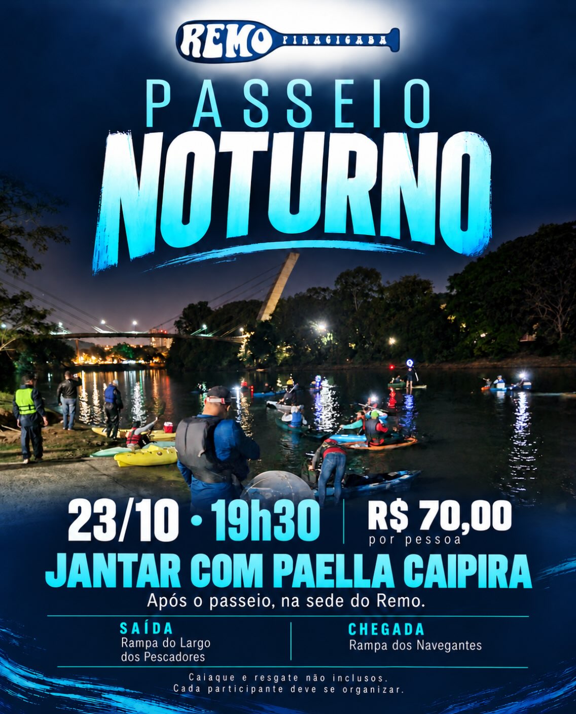 Passeio Noturno do Remo Piracicaba com Jantar com Paella Caipira