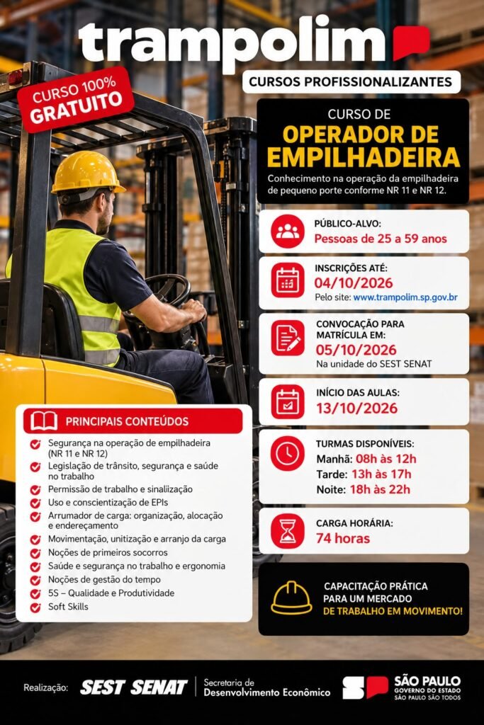 Piracicaba oferece 90 vagas em curso gratuito de operador de empilhadeira